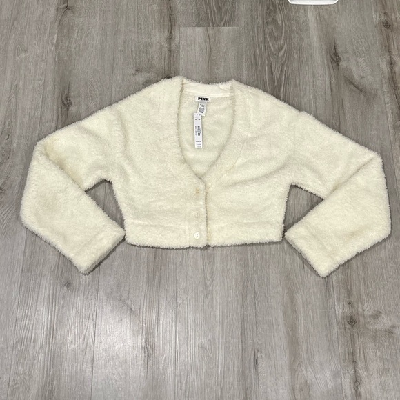 PINK victoria secret Co-zzzy Fleece Cropped Cardigan White NWT - Picture 1 of 6